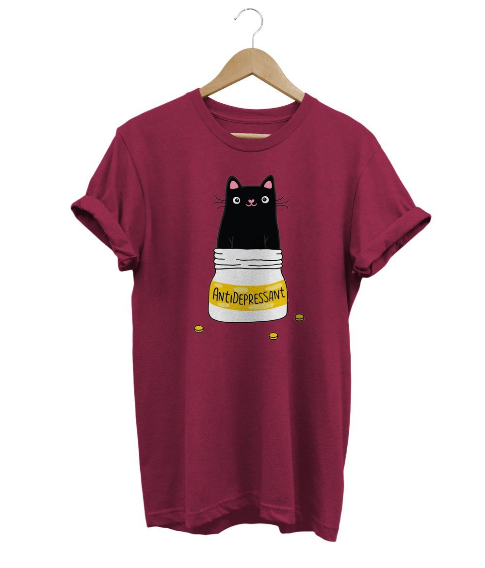 Antidepressant Cat T-Shirt LulaMeow DarkRed S 